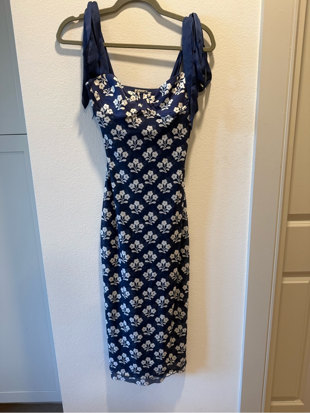 NWT Navy Floral Mesh Midi Dress Bustier Tie Strap Ribbon Bows Dress